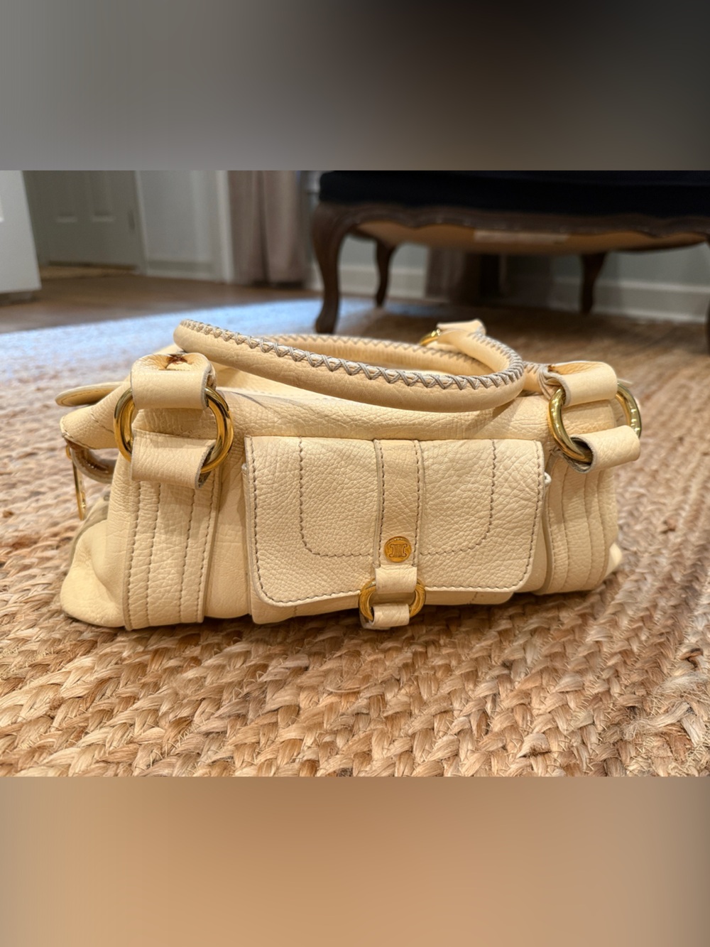 Celine Yellow Cream Leather Shoulder Bag with Gold Hardware